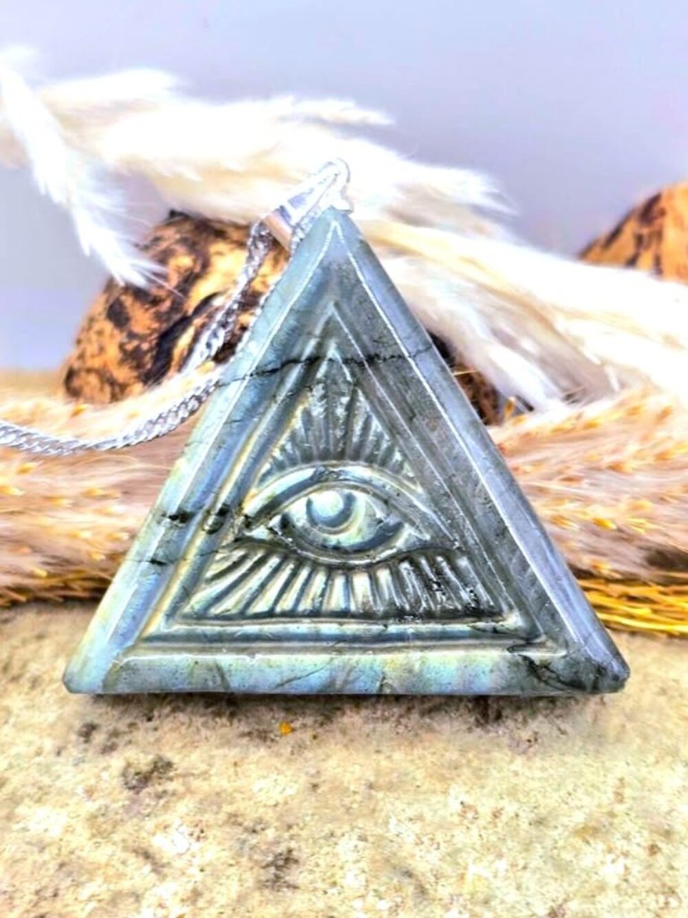 Nature Labradorite Pyramid Masonic All See Eye Pendant Necklace